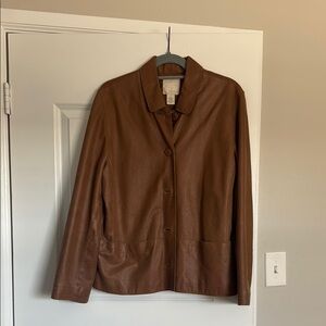 J. Jill Brown Leather Jacket with Structured Style and Notched Lapel